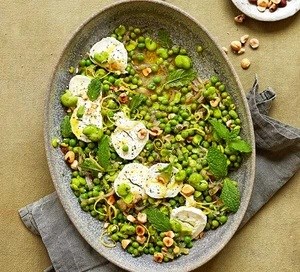 Lemony broad beans with goat's cheese, peas & mint