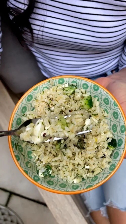Lemony brown rice with cucumber and feta