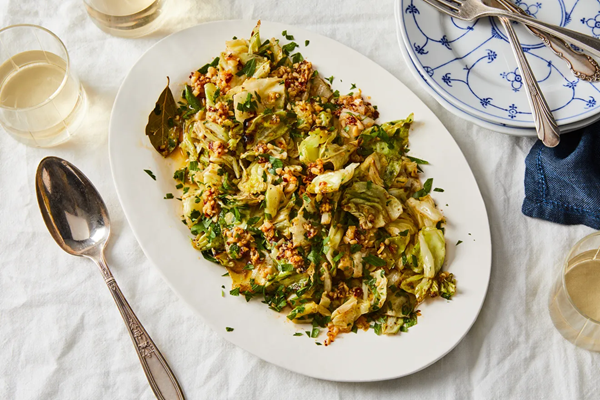 Lemony cabbage shawarma with garlic-chile oil & pine nuts