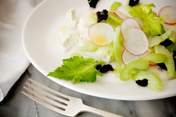 Lemony celery salad with torn olives