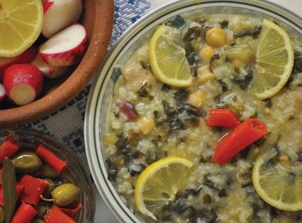 Lemony chard, chickpea, and rice stew (Fogaiyya)