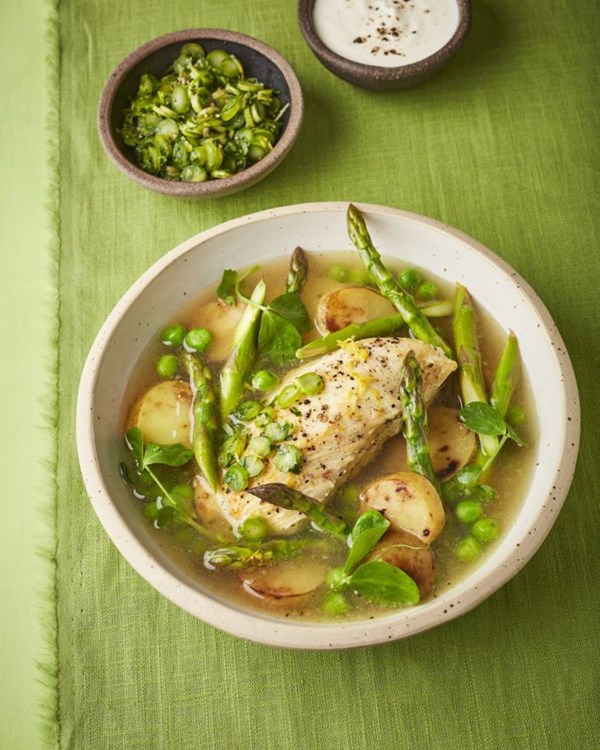 Lemony chicken and spring veg broth with asparagus gremolata 