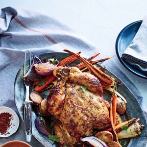Lemony chicken with root vegetables