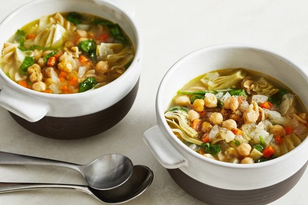 Lemony chickpea stew with pasta and artichokes