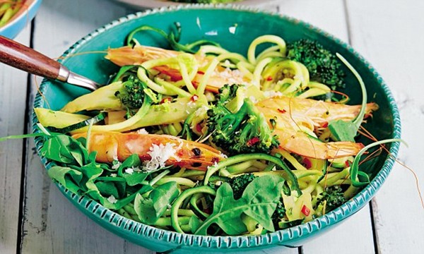 Lemony chili prawn zucchini noodles with greens