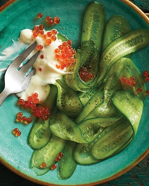 Lemony cucumber carpaccio with crème fraîche