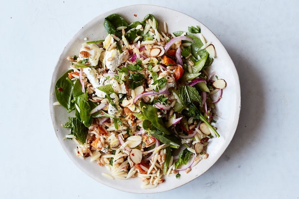 Lemony farro pasta salad with goat cheese and mint