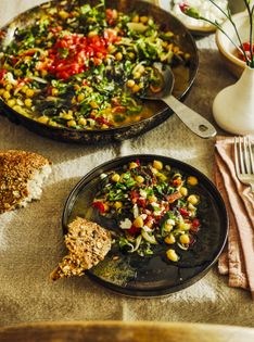 Lemony garlic greens with chickpeas