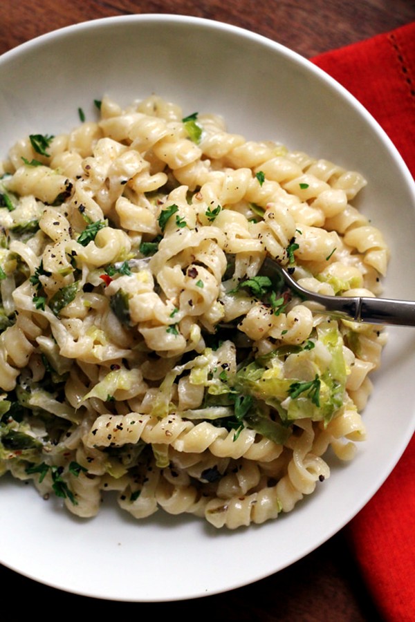 Lemony goat cheese and mascarpone pasta with caramelized Brussels sprouts