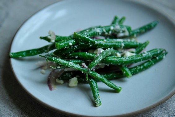 Lemony green bean salad with feta, red onion, and marjoram