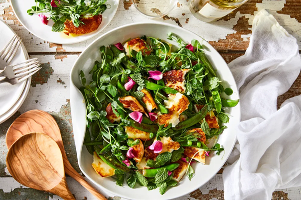 Lemony halloumi with snap peas & pea sprouts