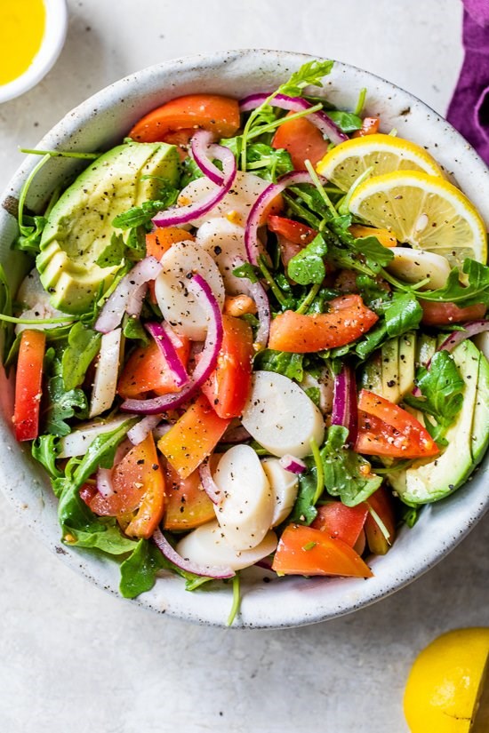 Lemony hearts of palm salad with avocado