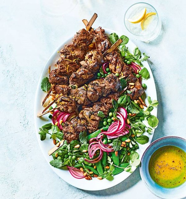 Lemony lamb kebabs with summer pea salad
