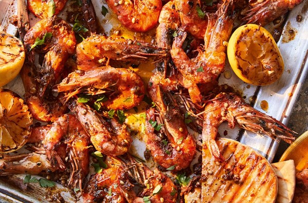 Lemony Lebanese-spiced tiger prawns