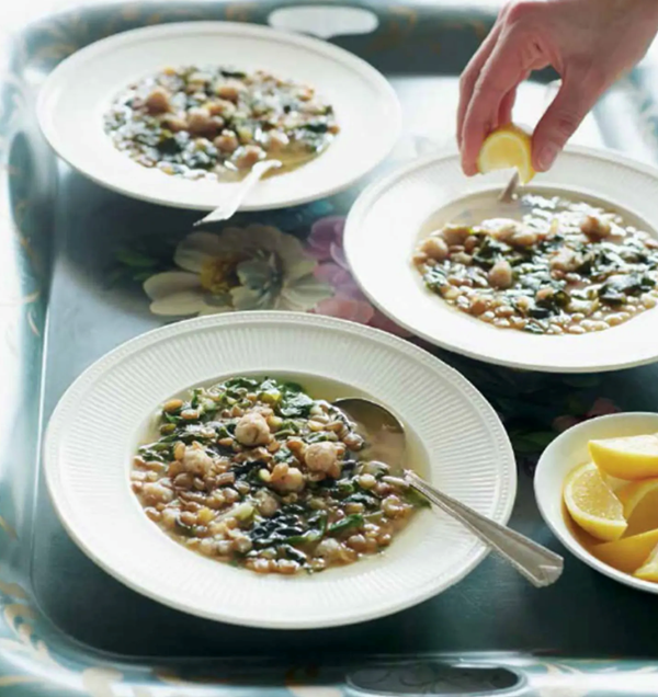 Lemony lentil & Swiss chard soup with bulgur wheat bites (Kibbet raheb)