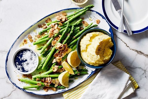 Lemony mashed potato, asparagus, almond, mint