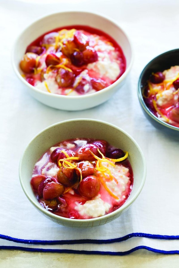 Lemony millet pudding with caramelized grapes