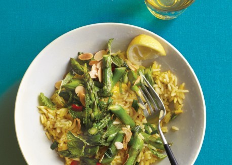 Lemony minted asparagus with saffron rice