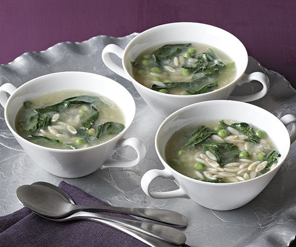 Lemony orzo soup with baby spinach and peas