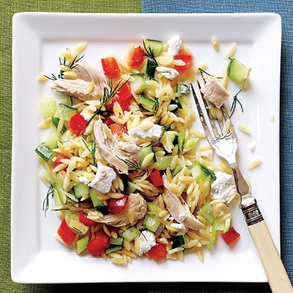 Lemony orzo-veggie salad with chicken