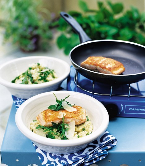 Lemony pea and rocket risotto with salmon steaks