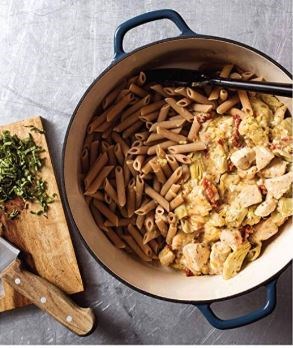Lemony penne with chicken, sun-dried tomatoes, and artichokes