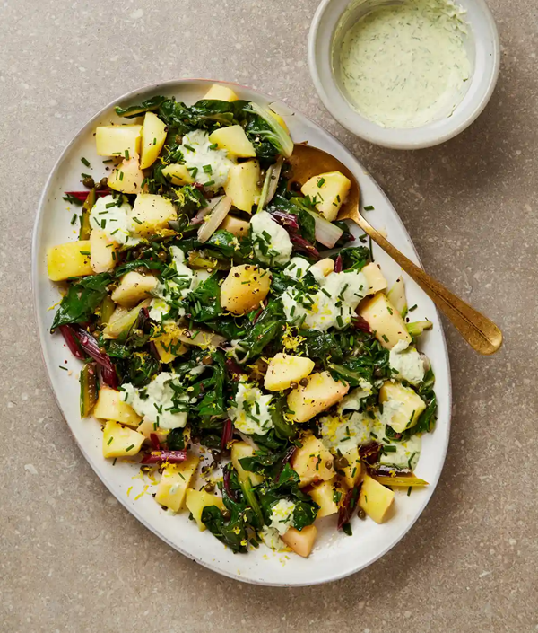 Lemony potatoes, rainbow chard and creme fraiche