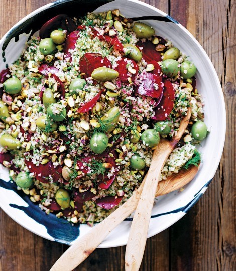 Lemony raw beetroot and quinoa salad with dill and olives