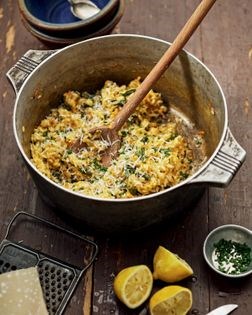 Lemony risotto with asparagus, carrots, and chives