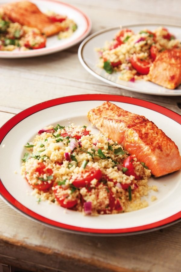Lemony salmon with cherry tomato couscous