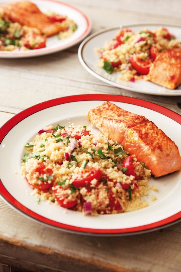 Lemony salmon with cherry tomato couscous