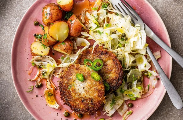 Lemony sardine fish cakes with fennel salad