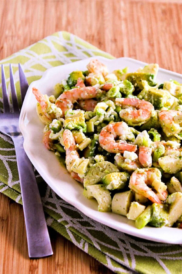 Lemony shrimp salad with avocado, heart of palm, and feta