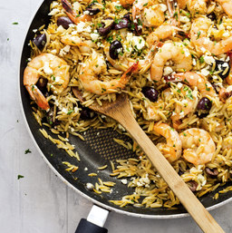 Lemony shrimp with orzo, feta, and olives