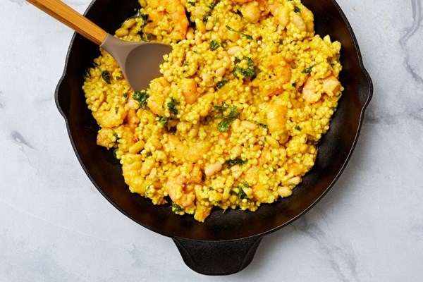 Lemony shrimp with white beans and couscous