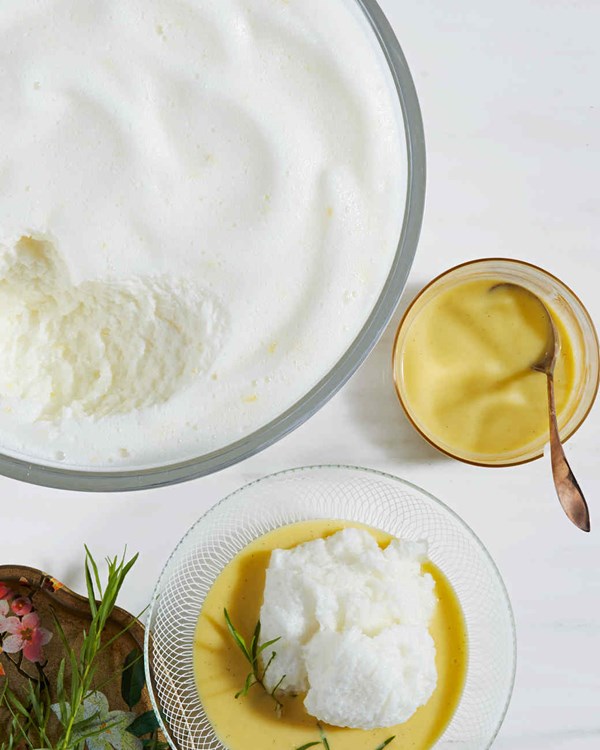 Lemony snow pudding with tarragon crème Anglaise