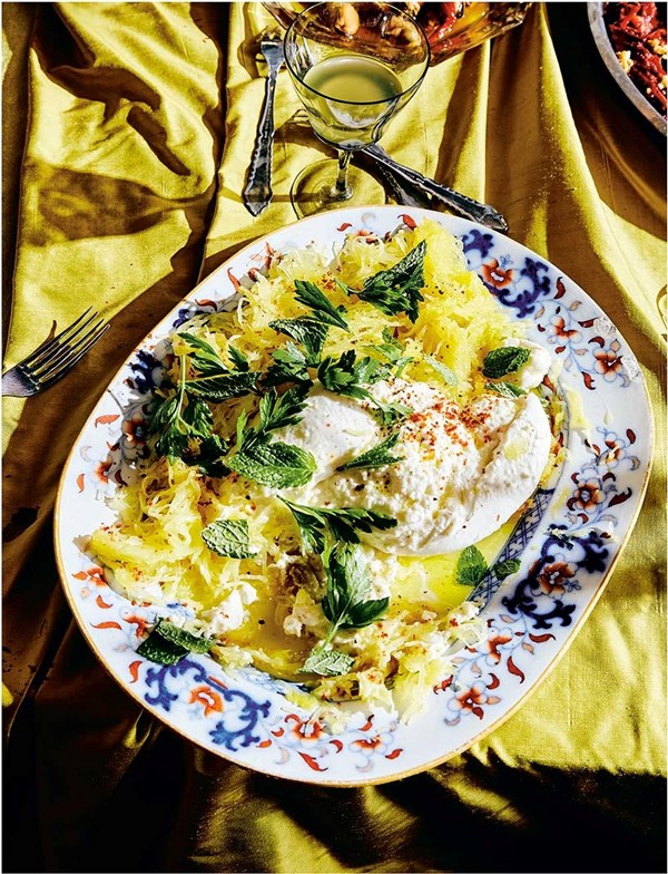 Lemony spaghetti squash with burrata and herbs