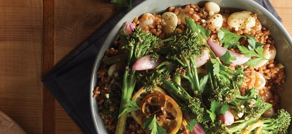 Lemony spelt salad with roasted broccolini 