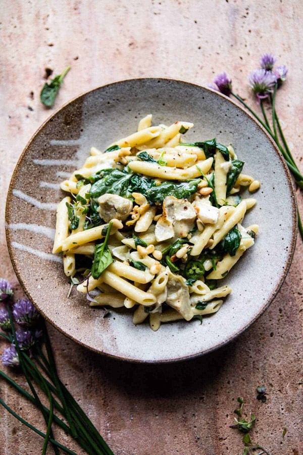 Lemony spinach and artichoke Brie penne pasta