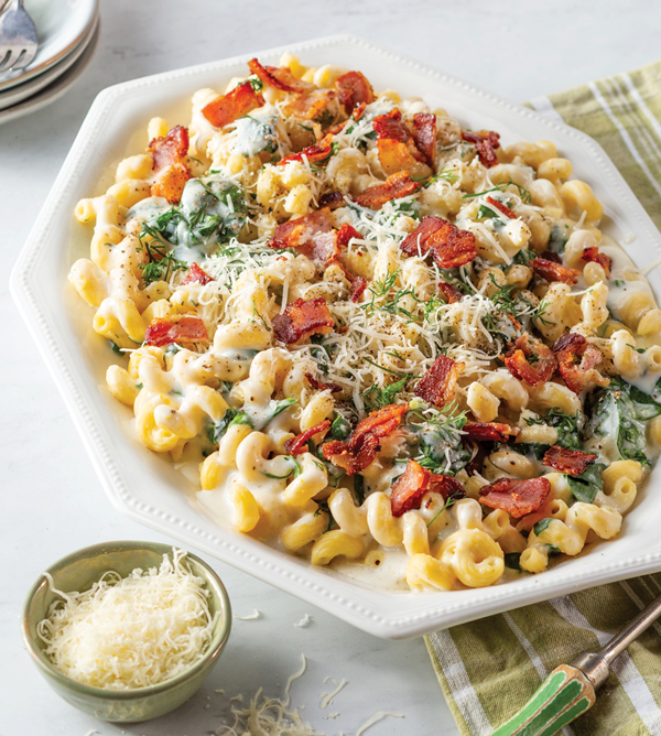 Lemony spinach and bacon mac and cheese