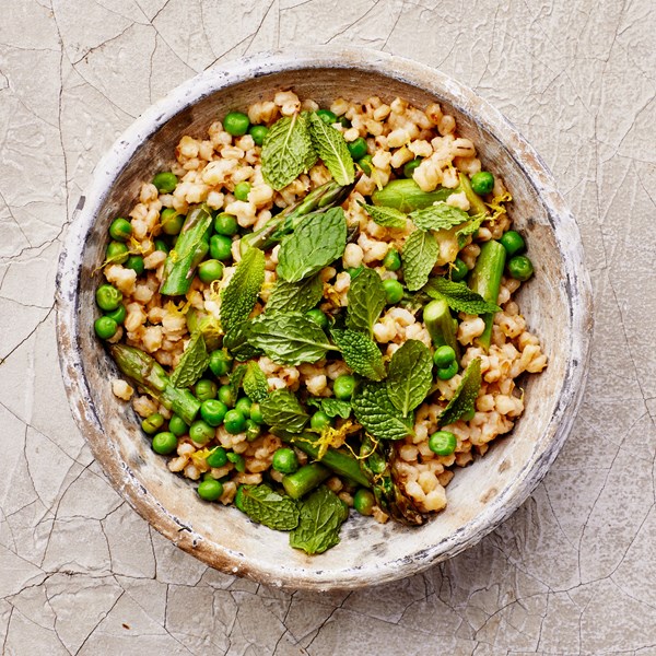 Lemony spring vegetable and barley bowl