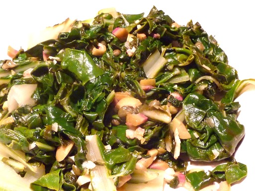 Lemony Swiss chard with fried olives, capers and garlic