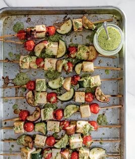 Lemony tofu & vegetable kebabs with roasted poblano sauce