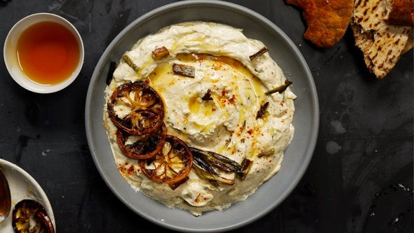 Lemony whipped feta with charred scallions 