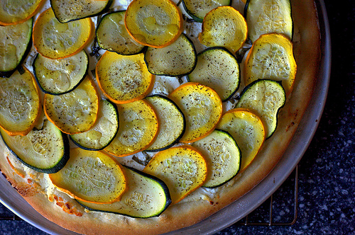 Lemony zucchini goat cheese pizza