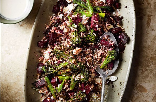 Lentil & brown rice salad with zaatar, sumac, beets, broccoli and feta