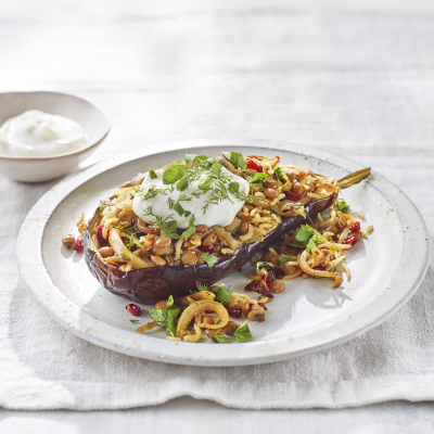 Lentil & rice-stuffed aubergines