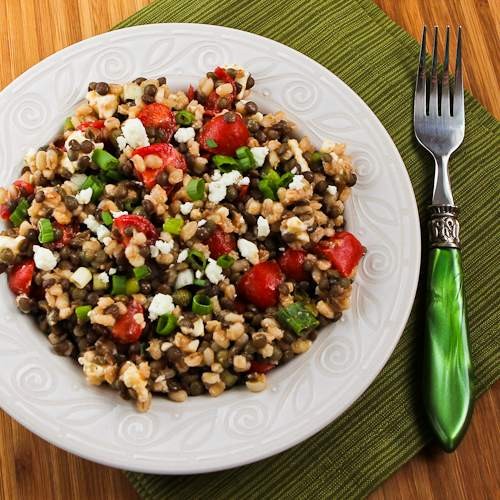 Lentil and barley Greek-style salad with tomatoes, feta, and capers