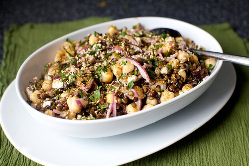 Lentil and chickpea salad with feta and tahini