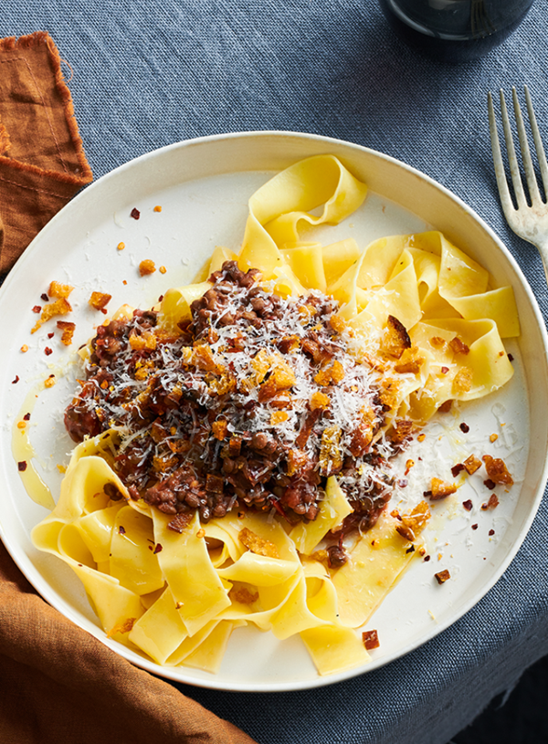 Lentil and mushroom Bolognese with pappardelle